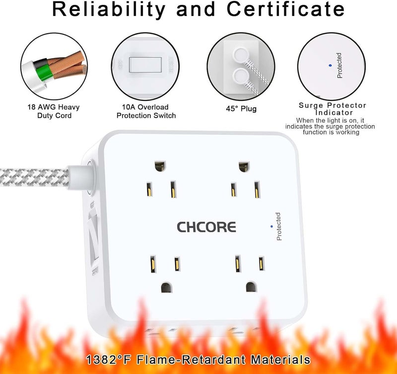 Core 5Ft Flat Plug Braided Extension Cord - Surge Protector Power Strip with 8 Outlets and 2 USB-C (PD 30W) Fast Charging Ports and 2 USB-A Ports for Home, Office, Dorm Room Essentials, ETL, White - Image 5